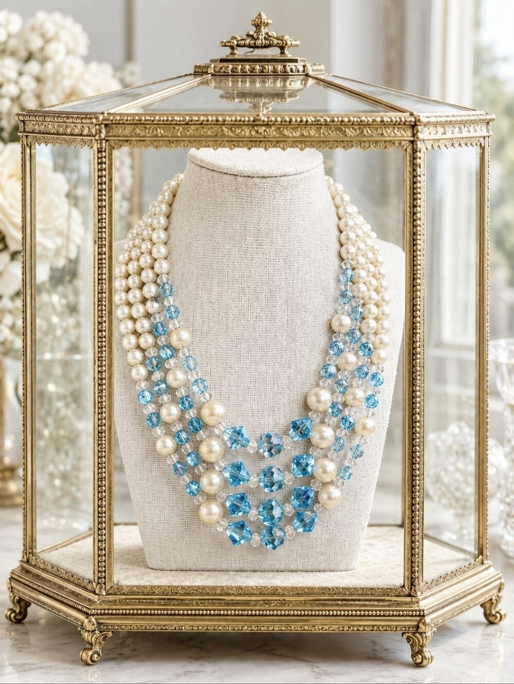 4 Strand Faux Pearl Glass Beaded Faceted Blue Faceted Crystal Necklace Vintage